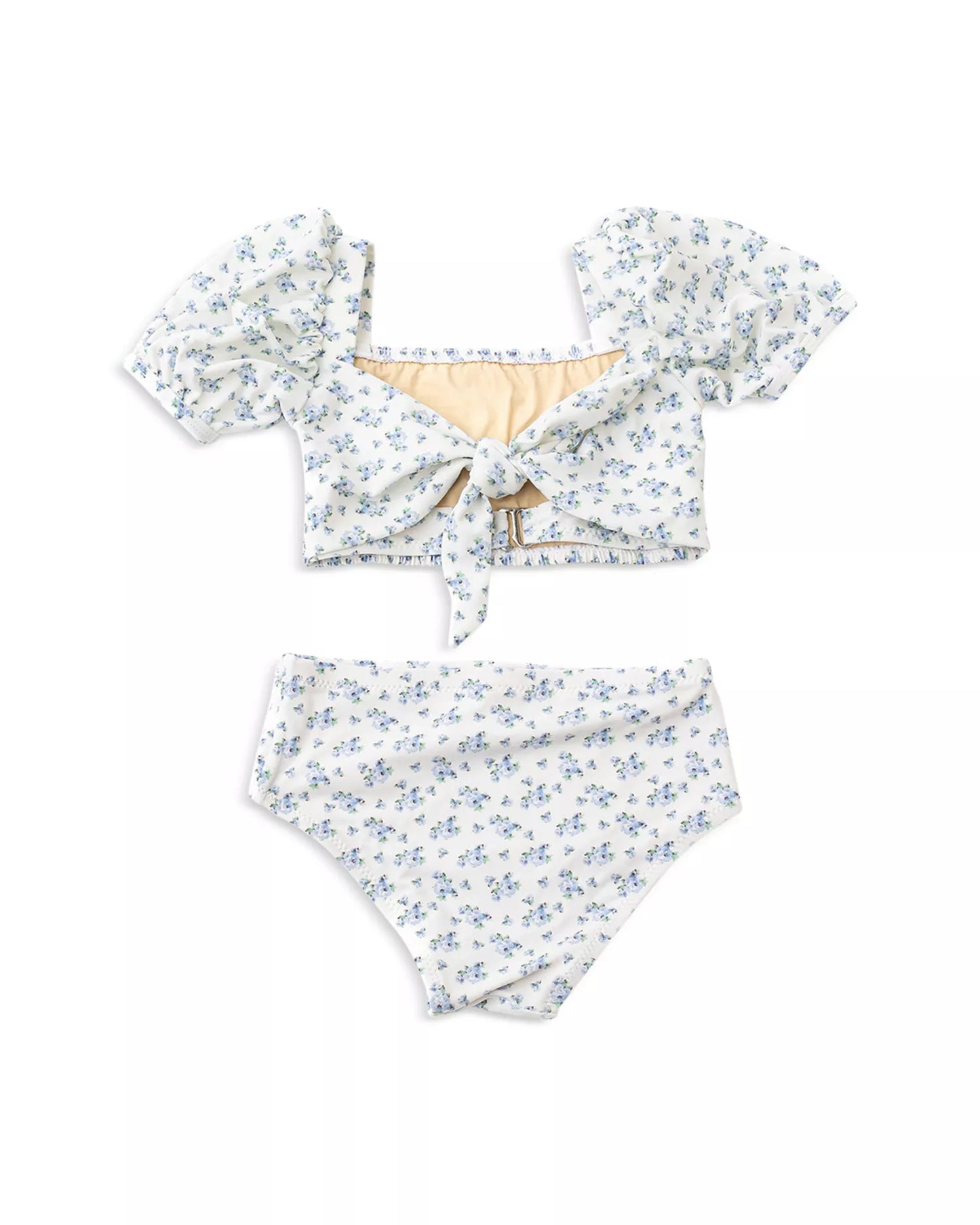 Cottage Floral Blue Two Piece Smocked Puff Sleeve Swimsuit 5-6