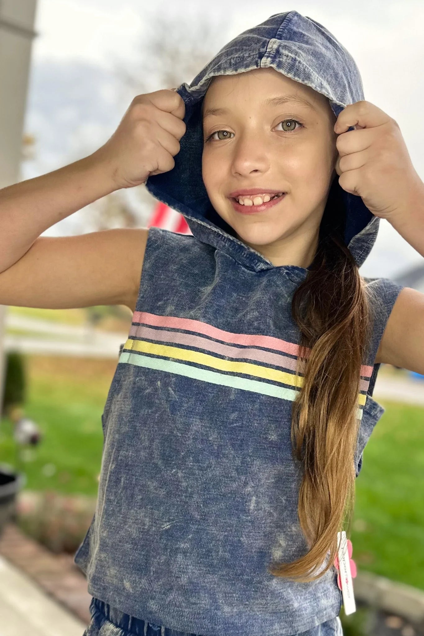 Denim washed trench terry sleeveless tween hoodie