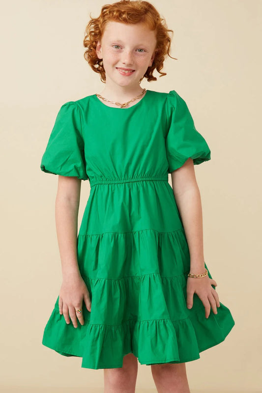 Girls Bow Back Puff Sleeve Poplin Dress | 7-16