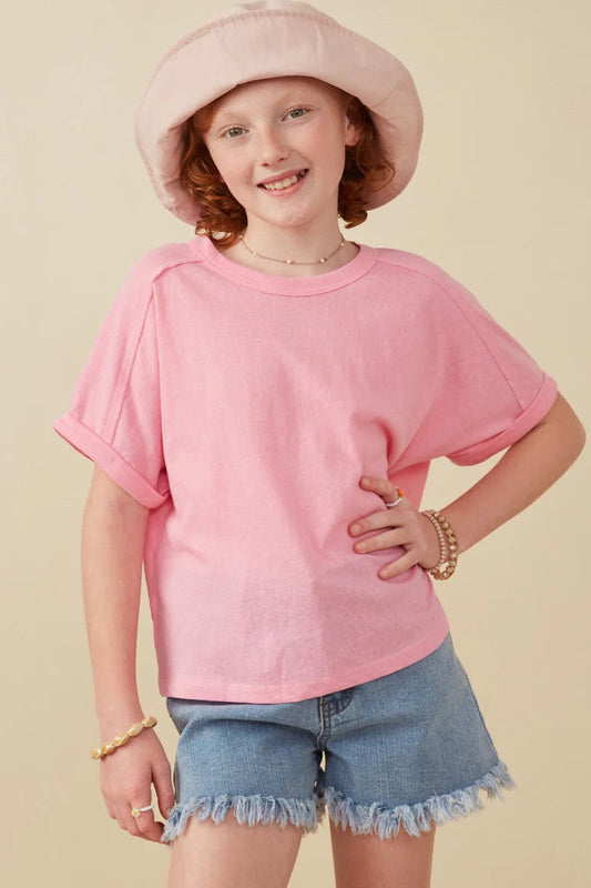 Pink Raw Edge Knit Dolman Tee | 7-16