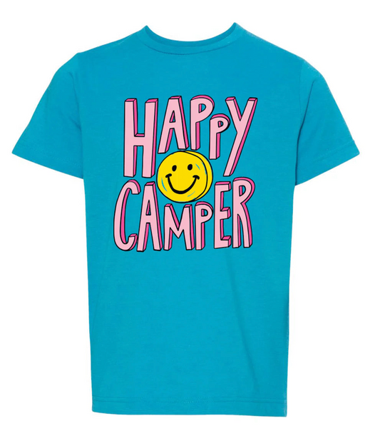 T-Shirt in Vintage Turquoise With Happy Camper With Yellow Smile