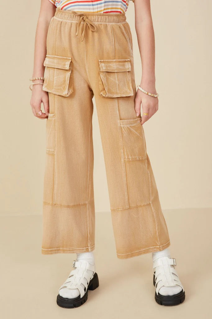 Washed Cargo Pocket Detail Wide Leg Knit Pants | 7-16