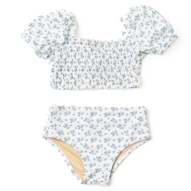 Cottage Floral Blue Two Piece Smocked Puff Sleeve Swimsuit | 5-6