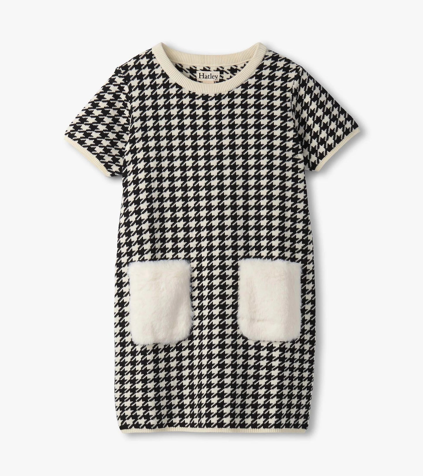houndstooth sweater dress with faux fur pockets