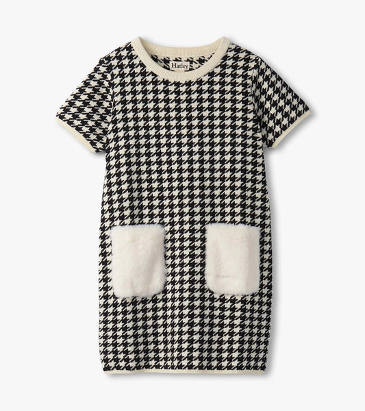 houndstooth sweater dress with faux fur pockets