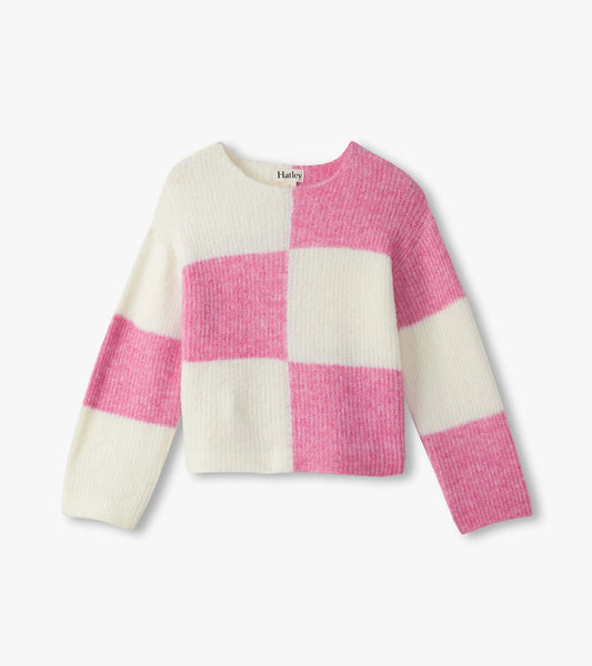 sea pink check drop shoulder sweater