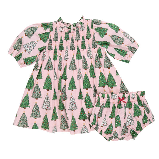 Baby Girl Stevie Puff Sleeve Dress Set - Pink Trees