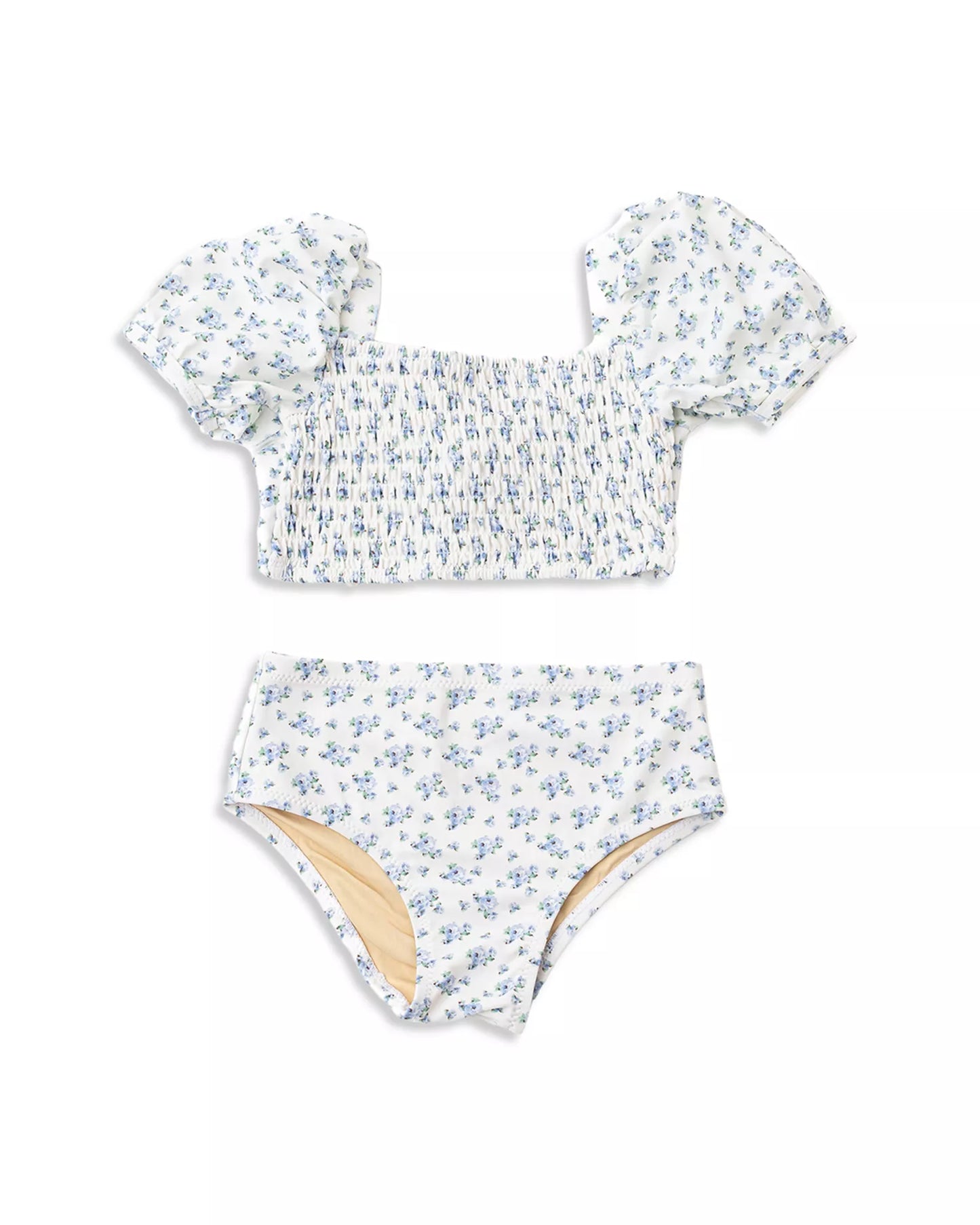 Cottage Floral Blue Two Piece Smocked Puff Sleeve Swimsuit 5-6