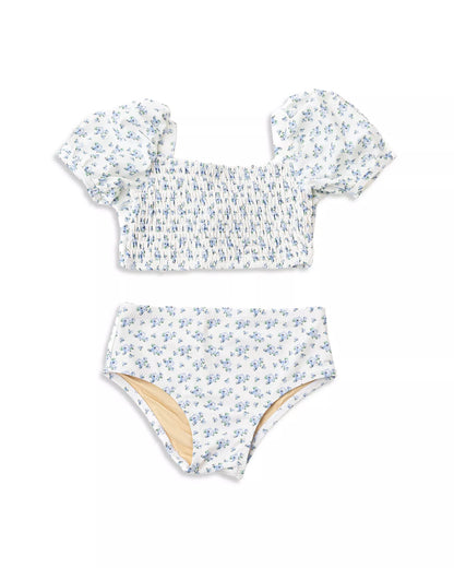 Cottage Floral Blue Two Piece Smocked Puff Sleeve Swimsuit 5-6