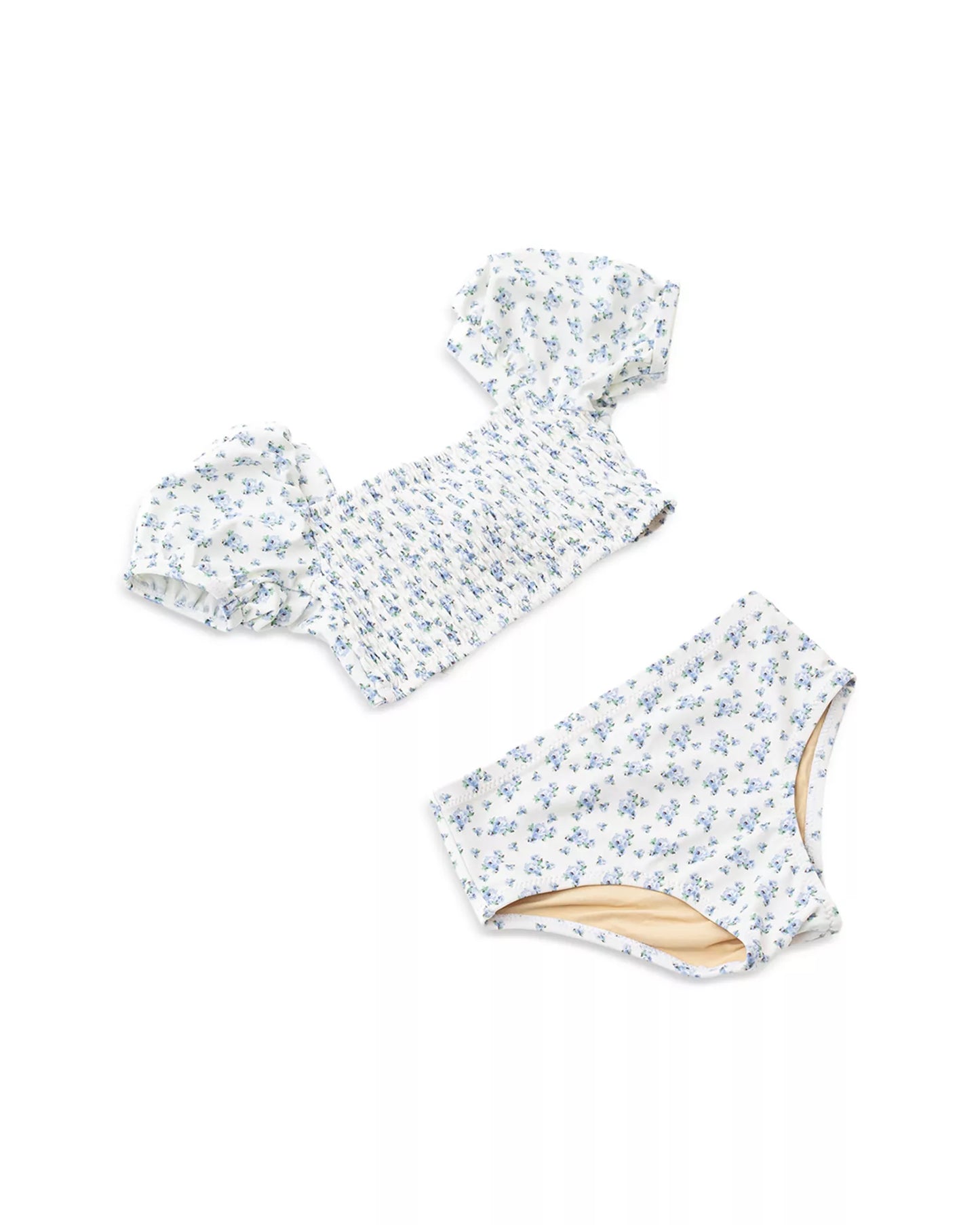 Cottage Floral Blue Two Piece Smocked Puff Sleeve Swimsuit 5-6