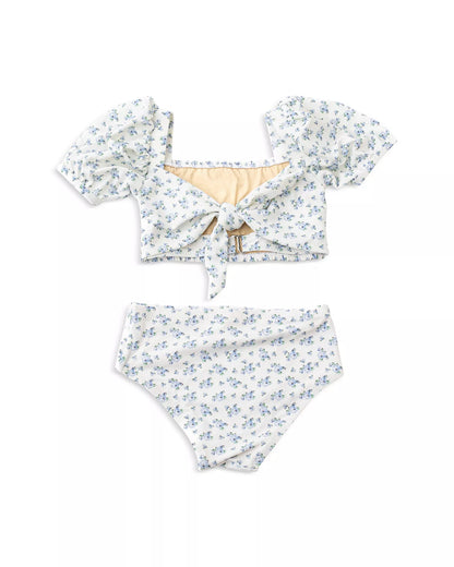 Cottage Floral Blue Two Piece Smocked Puff Sleeve Swimsuit 5-6