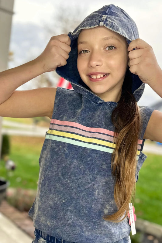 Denim washed trench terry sleeveless tween hoodie