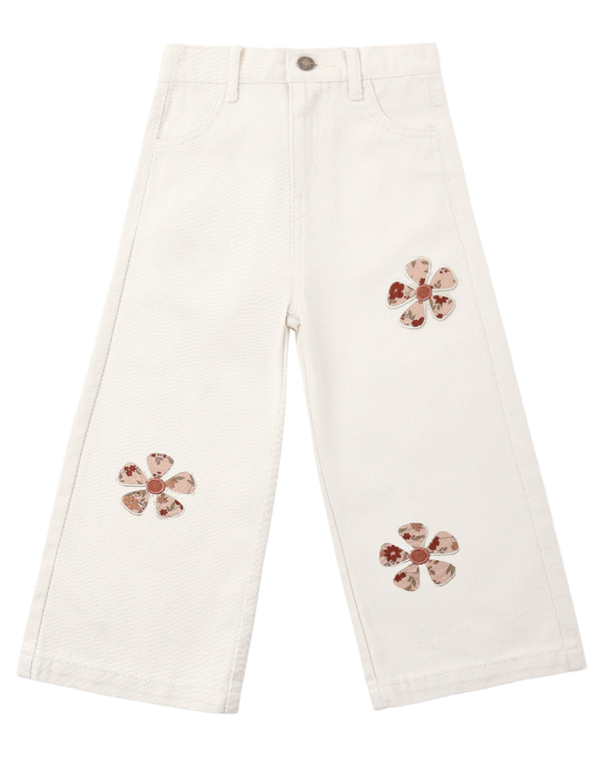 White pants with floral embellishments on a white background