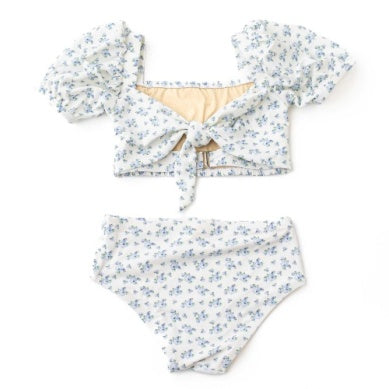 Cottage Floral Blue Two Piece Smocked Puff Sleeve Swimsuit | 7-12