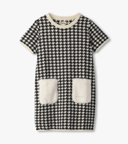 houndstooth sweater dress with faux fur pockets